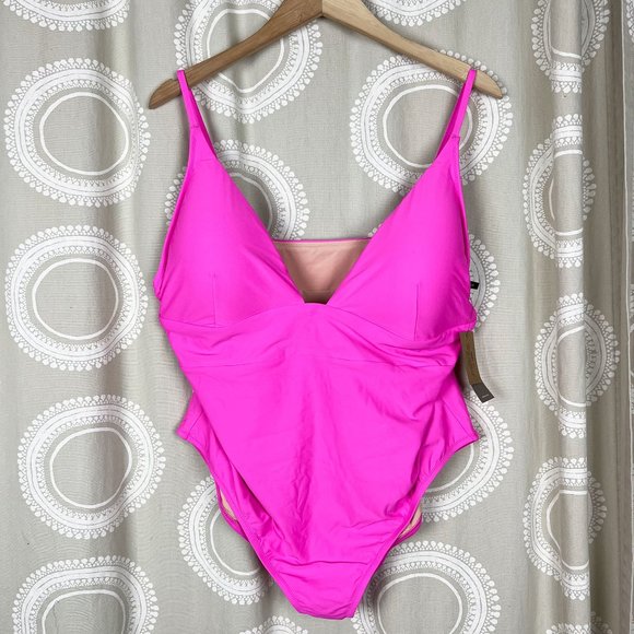J. Crew deep v-neck french one-piece swimsuit neon flamingo pink - Picture 2 of 11